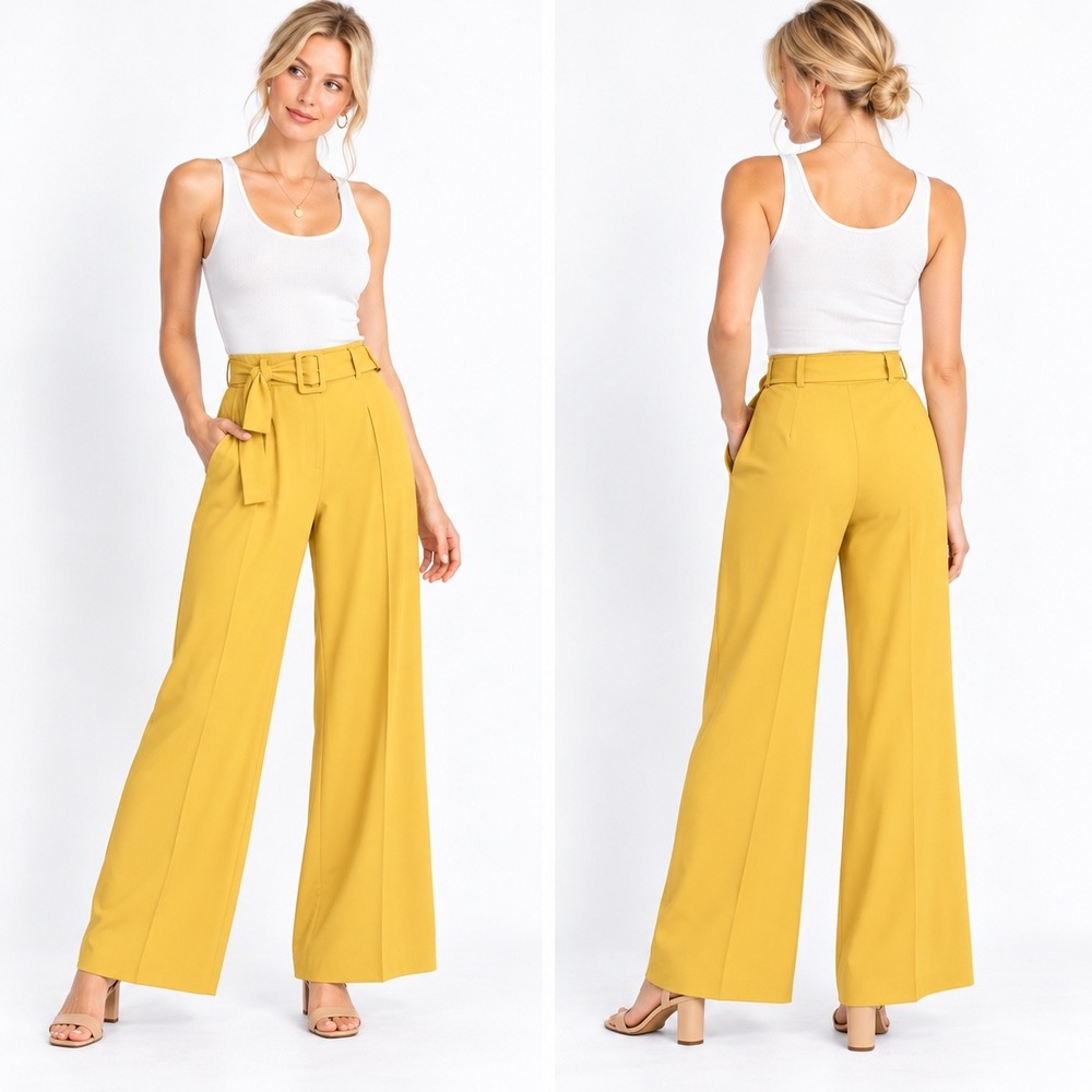NY&C 7th Avenue Yellow Palazzo Pants Wide Leg Belted Trousers NWT Size 10 Avg
